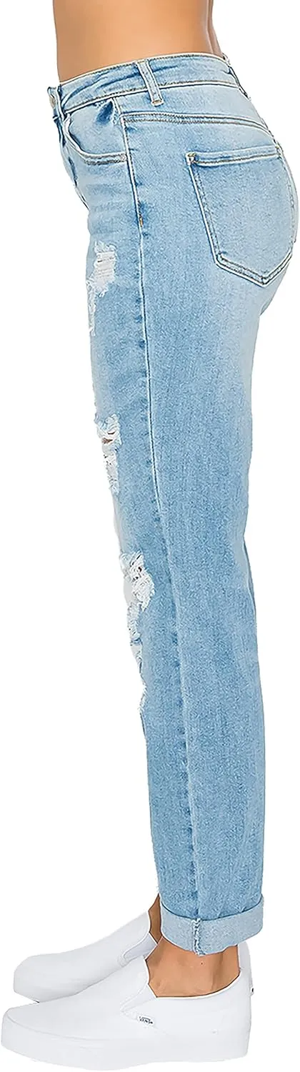 WAX JEAN Women's Boyfriend Jeans with Destructed Blown Knee and Rolled Cuff