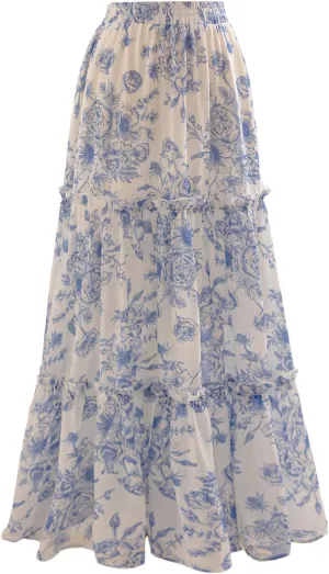 WDIRARA Women's Floral Print Maxi Skirt Tiered Ruffle Elastic Waist Flowy A Line Skirts