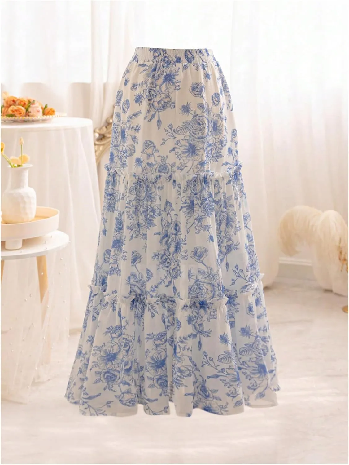 WDIRARA Women's Floral Print Maxi Skirt Tiered Ruffle Elastic Waist Flowy A Line Skirts