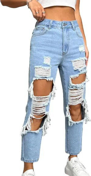 WDIRARA Women's Ripped Cut Out High Waisted Jeans Zipper Fly Tapered Denim Pants with Pockets