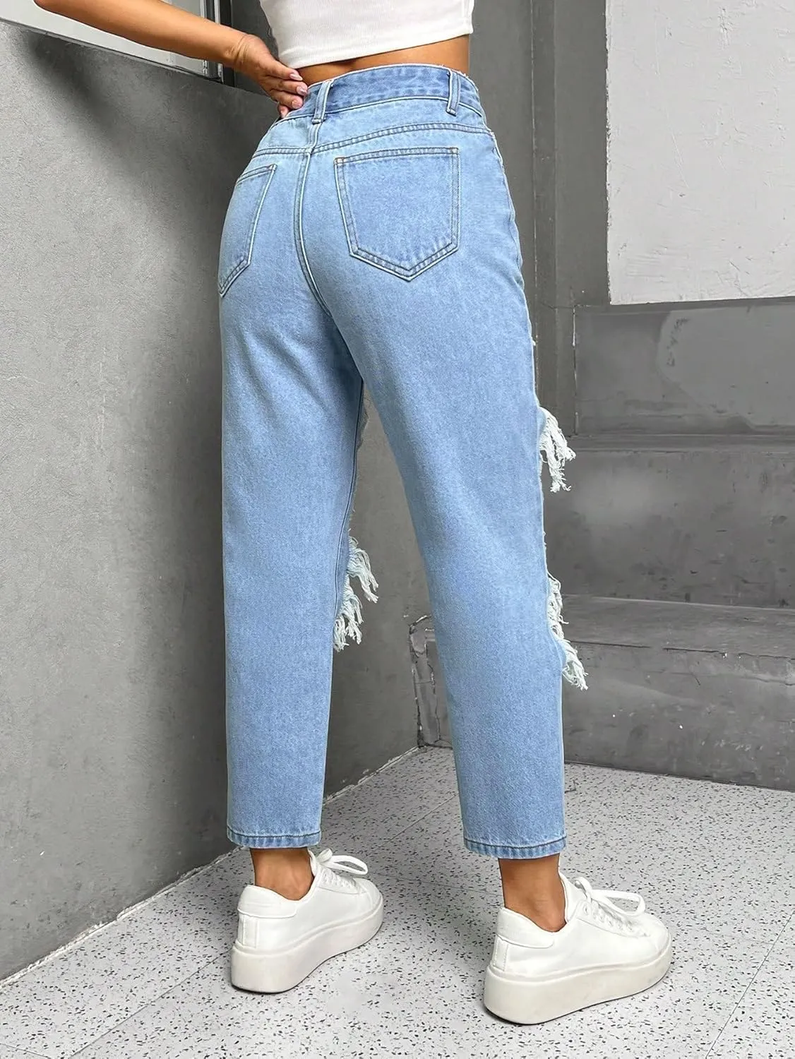 WDIRARA Women's Ripped Cut Out High Waisted Jeans Zipper Fly Tapered Denim Pants with Pockets