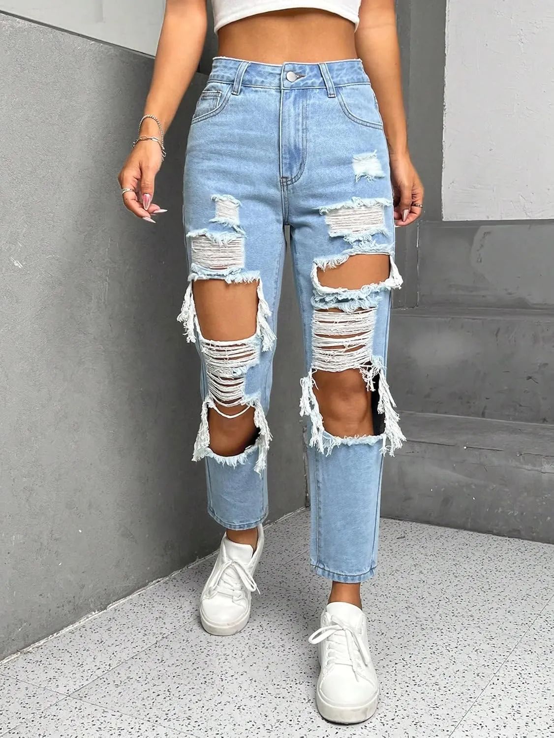 WDIRARA Women's Ripped Cut Out High Waisted Jeans Zipper Fly Tapered Denim Pants with Pockets