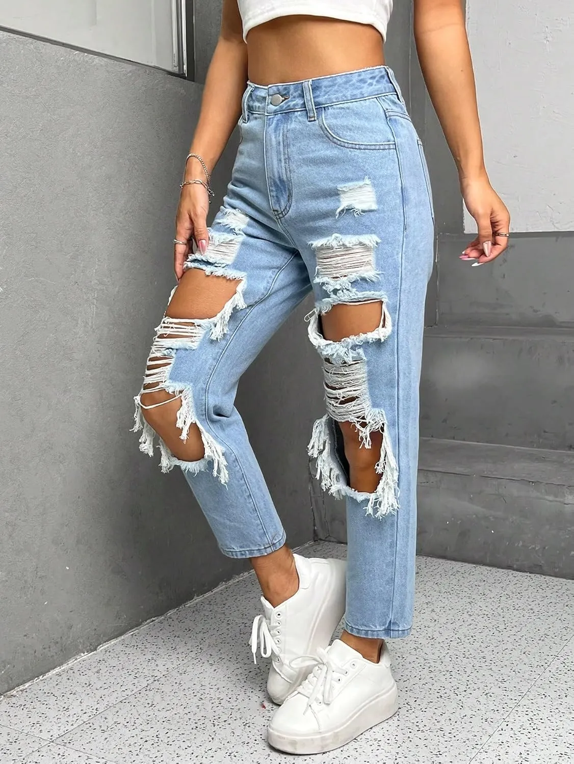 WDIRARA Women's Ripped Cut Out High Waisted Jeans Zipper Fly Tapered Denim Pants with Pockets