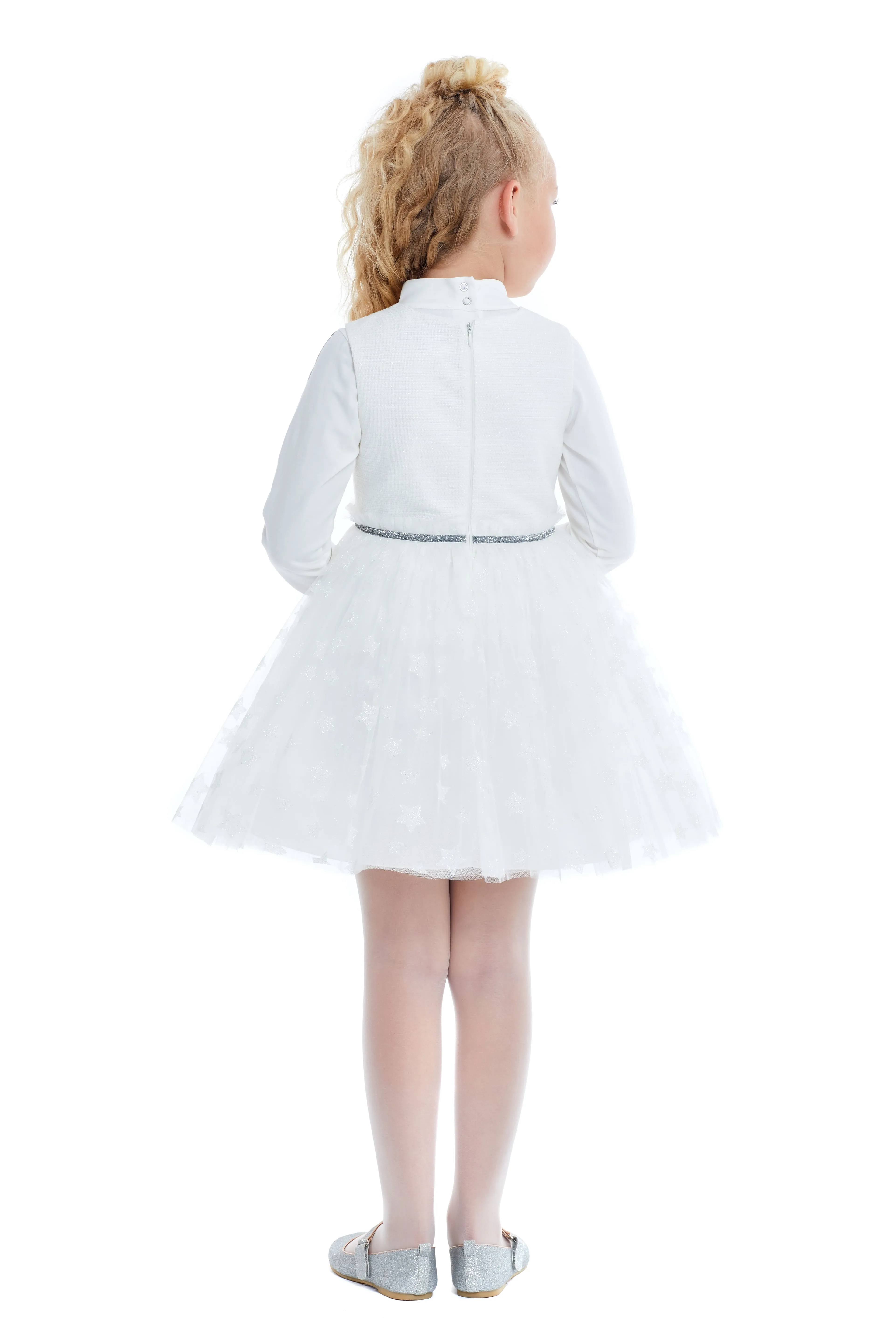White Christmas Girls Outfit Set with Sleeveless Dress and long-sleeved shirt