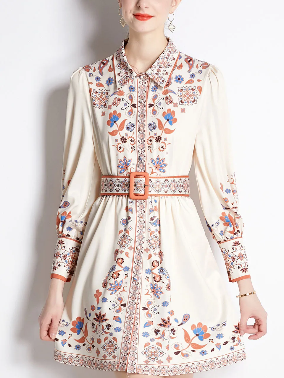 White Romantic Flower Print Long Sleeve With Belt Bohemian Mini Dress For Women