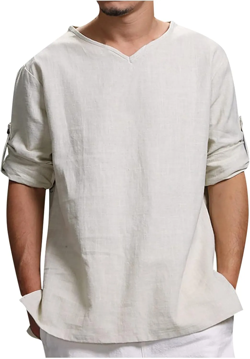 White V Neck T Shirts Mens, Compression Long Sleeve Shirt Camisas Manga Larga Hombre Designer Spring Summer Casual Cotton Linen Solid Color Long Sleeve Loose Stand Collar Shirts (White-1, 3X-Large)