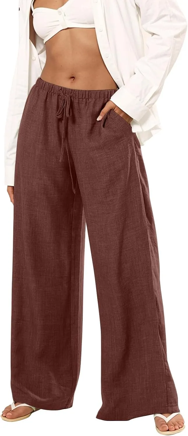 Wide Leg Linen Pants for Women Baggy Lightweight Summer Pants Casual Elastic Drawstring Waist Flowy Boho Beach Pants