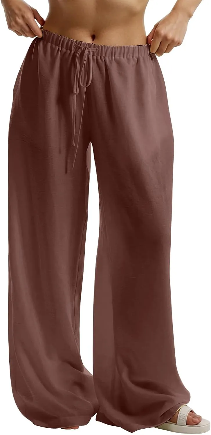 Wide Leg Linen Pants for Women Baggy Lightweight Summer Pants Casual Elastic Drawstring Waist Flowy Boho Beach Pants