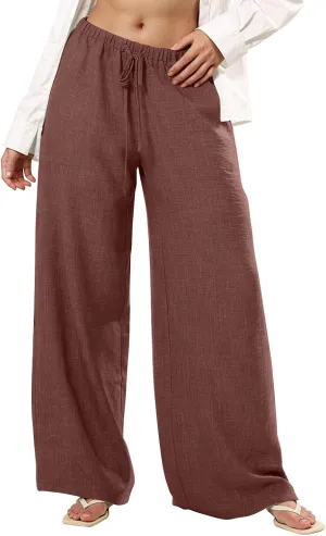 Wide Leg Linen Pants for Women Baggy Lightweight Summer Pants Casual Elastic Drawstring Waist Flowy Boho Beach Pants