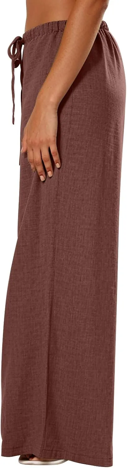 Wide Leg Linen Pants for Women Baggy Lightweight Summer Pants Casual Elastic Drawstring Waist Flowy Boho Beach Pants