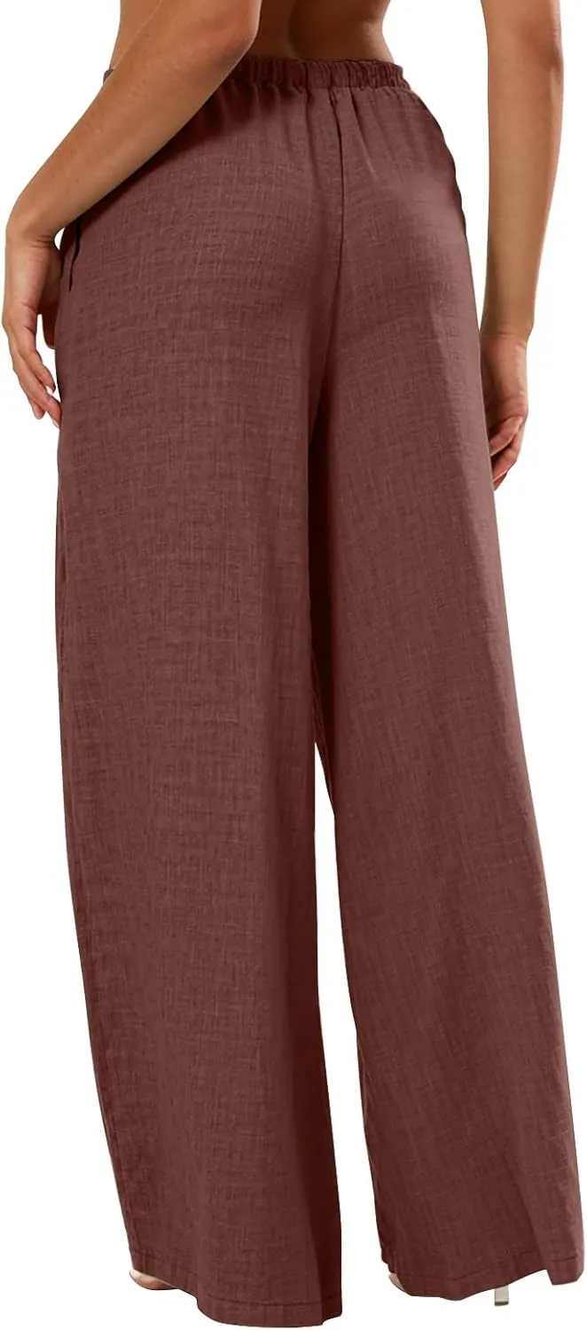 Wide Leg Linen Pants for Women Baggy Lightweight Summer Pants Casual Elastic Drawstring Waist Flowy Boho Beach Pants