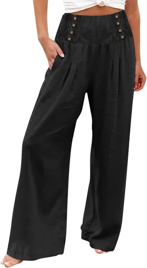 Wide Leg Linen Pants for Women Elastic Smocked Waist Palazzo Pants Lightweight Summer Boho Beach Pants with Pockets