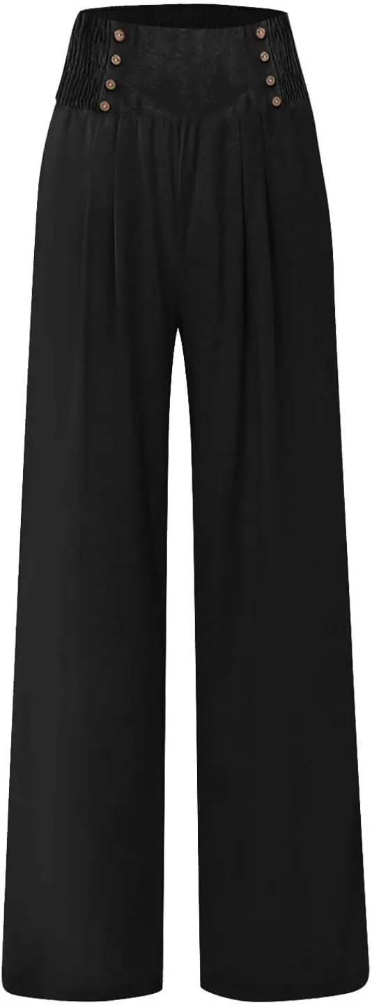 Wide Leg Linen Pants for Women Elastic Smocked Waist Palazzo Pants Lightweight Summer Boho Beach Pants with Pockets
