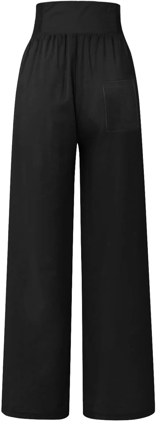 Wide Leg Linen Pants for Women Elastic Smocked Waist Palazzo Pants Lightweight Summer Boho Beach Pants with Pockets