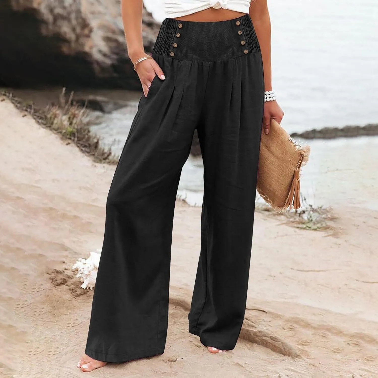 Wide Leg Linen Pants for Women Elastic Smocked Waist Palazzo Pants Lightweight Summer Boho Beach Pants with Pockets