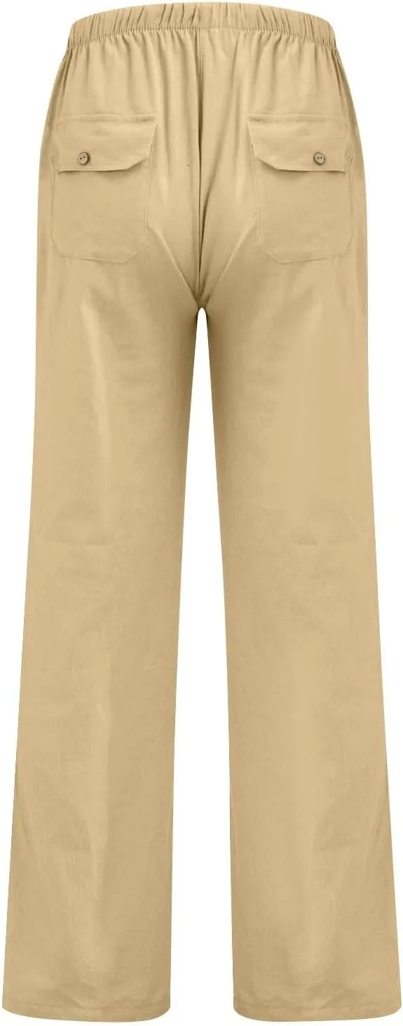 Wide Leg Linen Pants for Women Plus Size Drawstring High Waisted Palazzo Pants Baggy Flowy Boho Long Beach Pants 2025