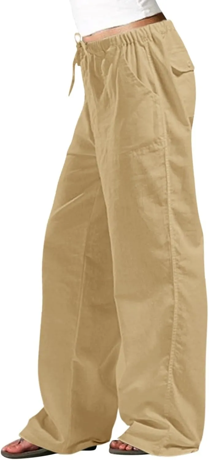 Wide Leg Linen Pants for Women Plus Size Drawstring High Waisted Palazzo Pants Baggy Flowy Boho Long Beach Pants 2025