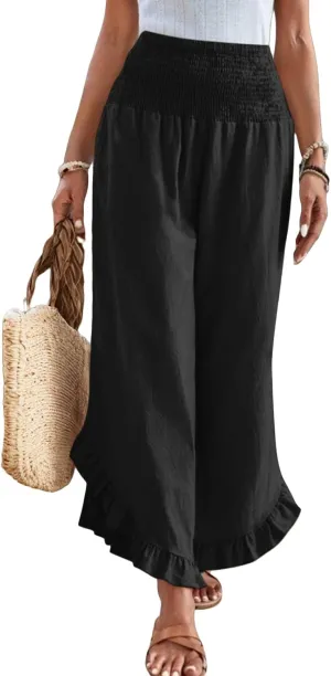 Wide Leg Linen Pants for Women Smocked Elastic Waist Ruffle Hem Holiday Beach Pants with Pockets Summer Palazzo Pants