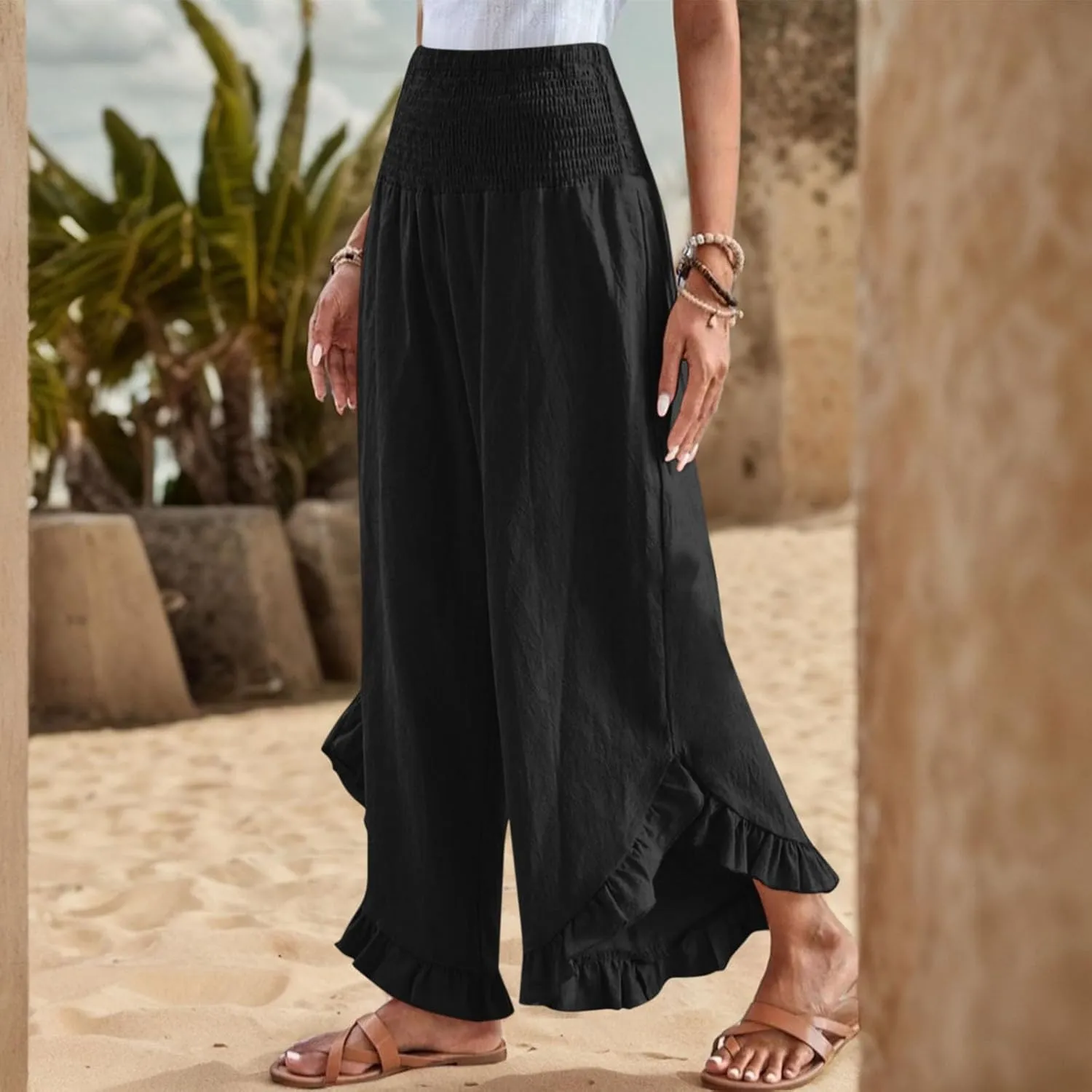 Wide Leg Linen Pants for Women Smocked Elastic Waist Ruffle Hem Holiday Beach Pants with Pockets Summer Palazzo Pants