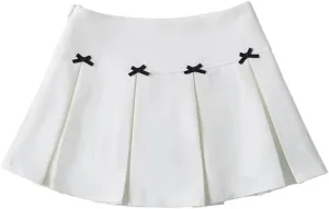 Women Bow Wide-Pleated Mini Skirt Side Zipper High-Waisted Slim A-Line Skirts