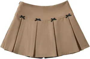 Women Bow Wide-Pleated Mini Skirt Side Zipper High-Waisted Slim A-Line Skirts