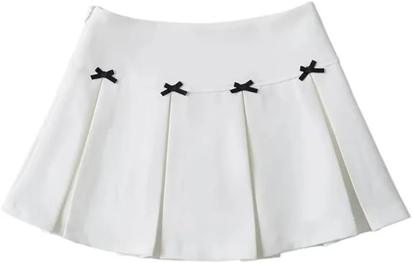 Women Bow Wide-Pleated Mini Skirt Side Zipper High-Waisted Slim A-Line Skirts