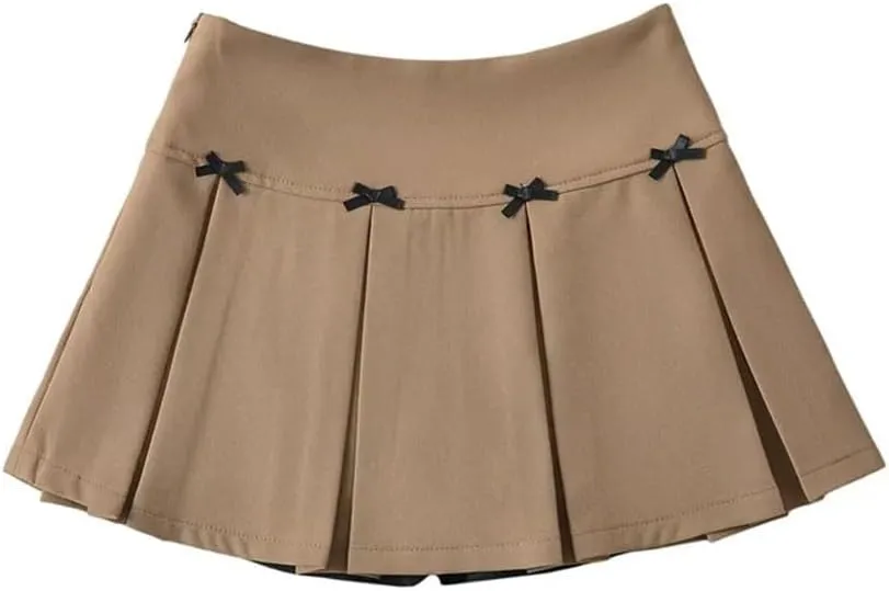 Women Bow Wide-Pleated Mini Skirt Side Zipper High-Waisted Slim A-Line Skirts