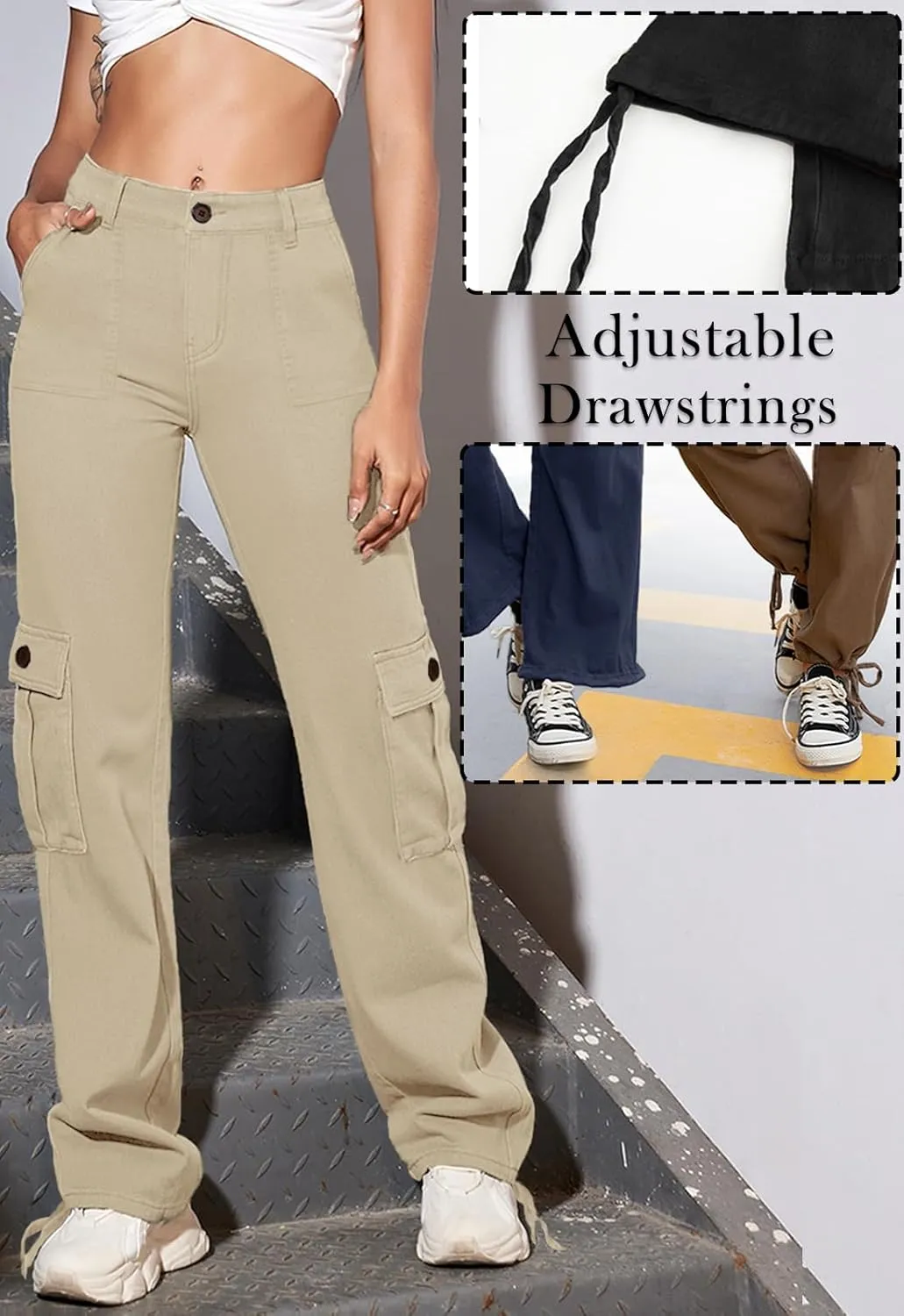 Women Cargo Pants Stretchy Chino Pants for Women High Waisted Jeans with 6 Pockets