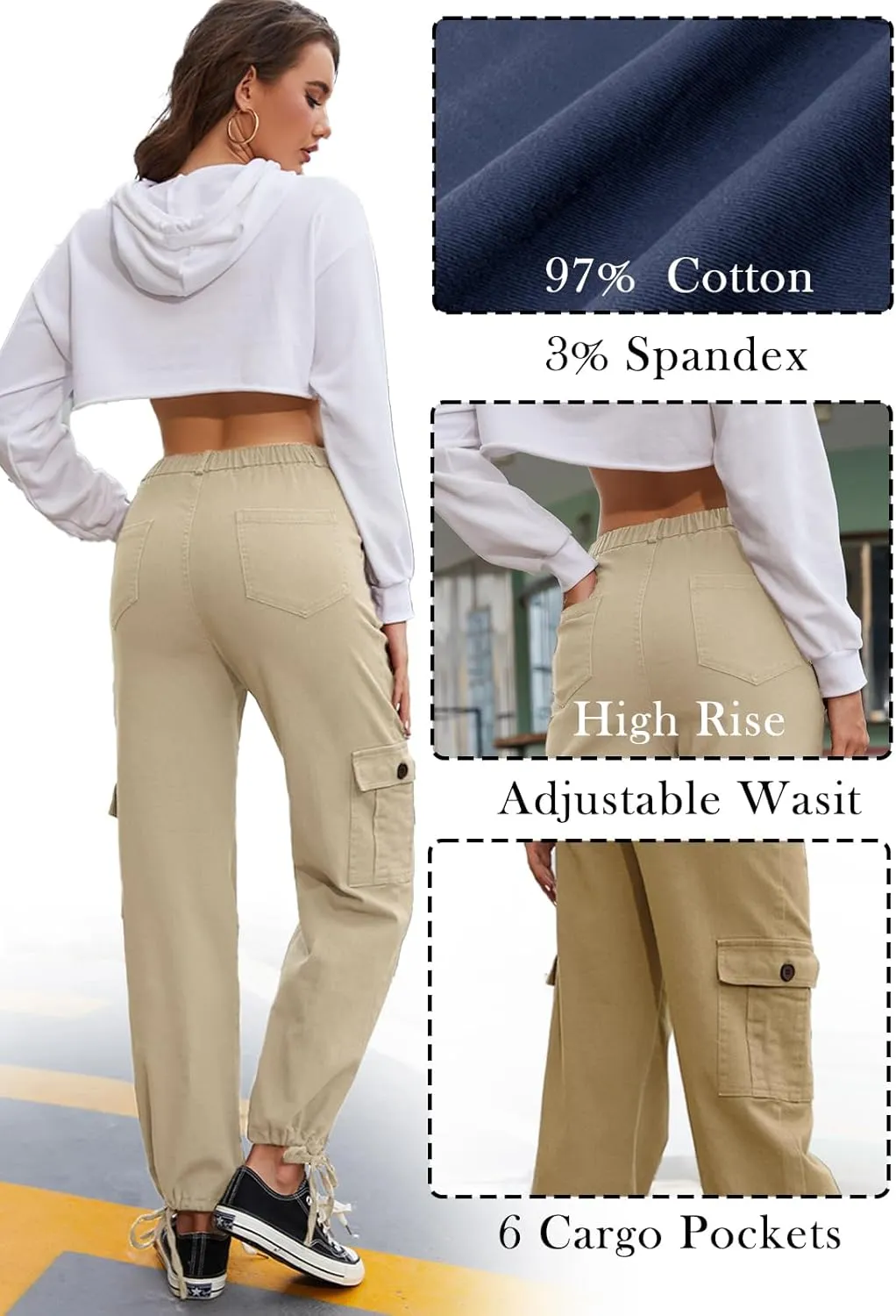 Women Cargo Pants Stretchy Chino Pants for Women High Waisted Jeans with 6 Pockets