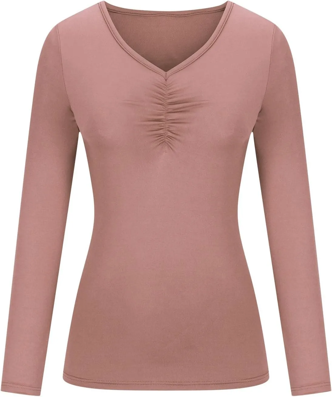 Women Casual Long Sleeve Ruched Shirt Elasticity V Neck Slim Fitted T-Shirts Tops Solid Color Regular Fall Blouses