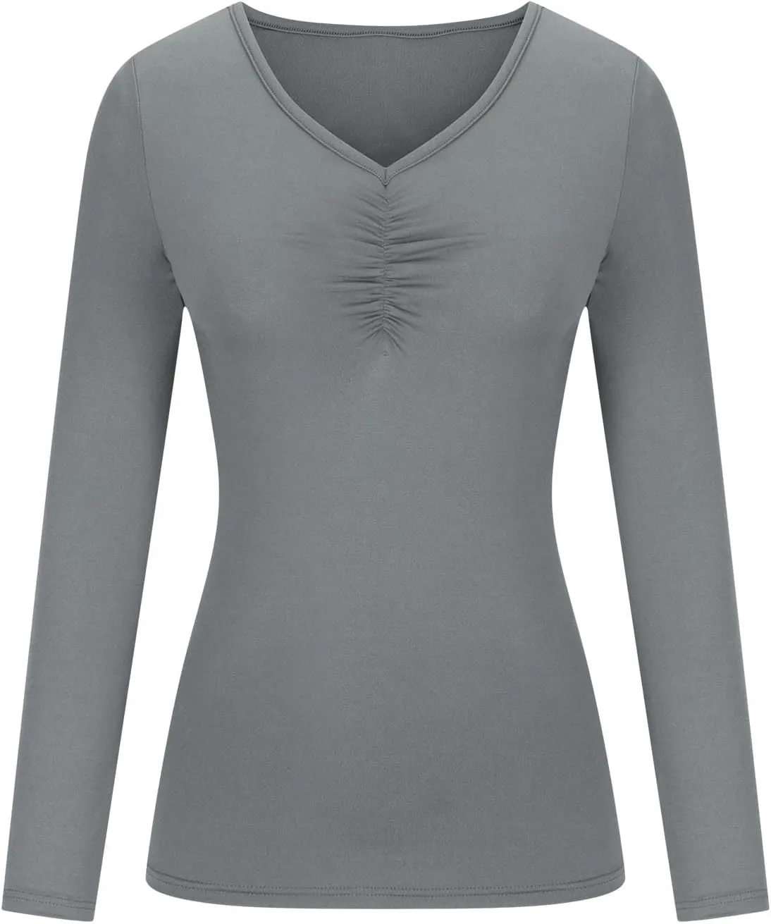 Women Casual Long Sleeve Ruched Shirt Elasticity V Neck Slim Fitted T-Shirts Tops Solid Color Regular Fall Blouses