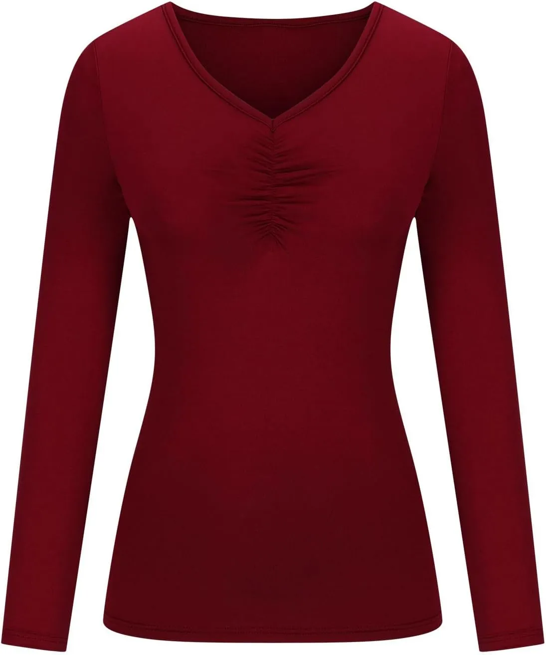 Women Casual Long Sleeve Ruched Shirt Elasticity V Neck Slim Fitted T-Shirts Tops Solid Color Regular Fall Blouses
