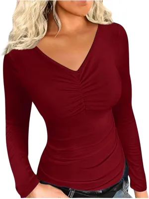 Women Casual Long Sleeve Ruched Shirt Elasticity V Neck Slim Fitted T-Shirts Tops Solid Color Regular Fall Blouses
