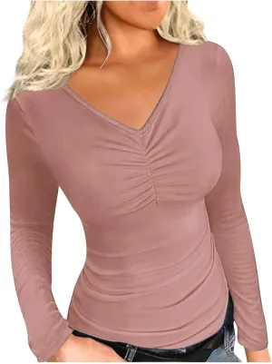 Women Casual Long Sleeve Ruched Shirt Elasticity V Neck Slim Fitted T-Shirts Tops Solid Color Regular Fall Blouses