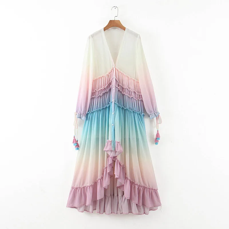 Women Deep V Long Sleeve Gradient Print Dress Long Skirt