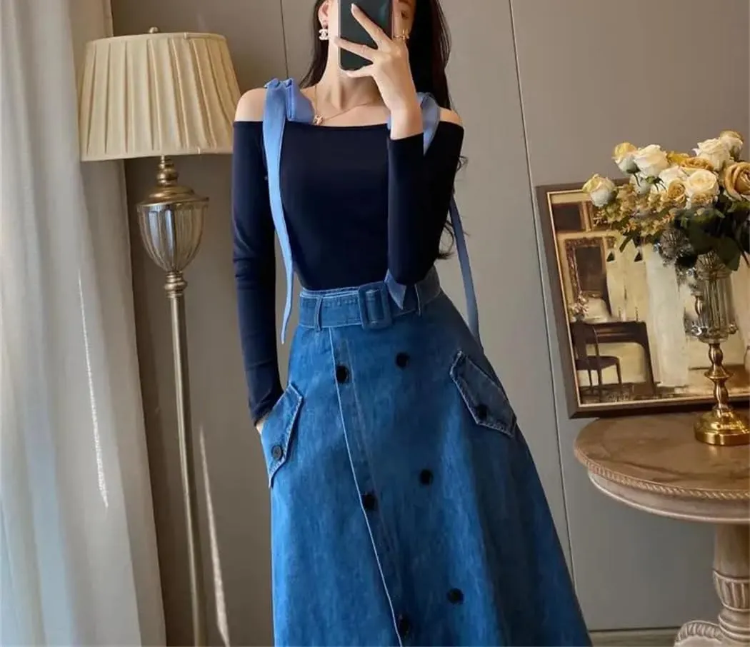 Women Double Button Denim A-Line Skirts Spring Summer Korean Lady Fashion Split Skirt