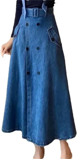 Women Double Button Denim A-Line Skirts Spring Summer Korean Lady Fashion Split Skirt