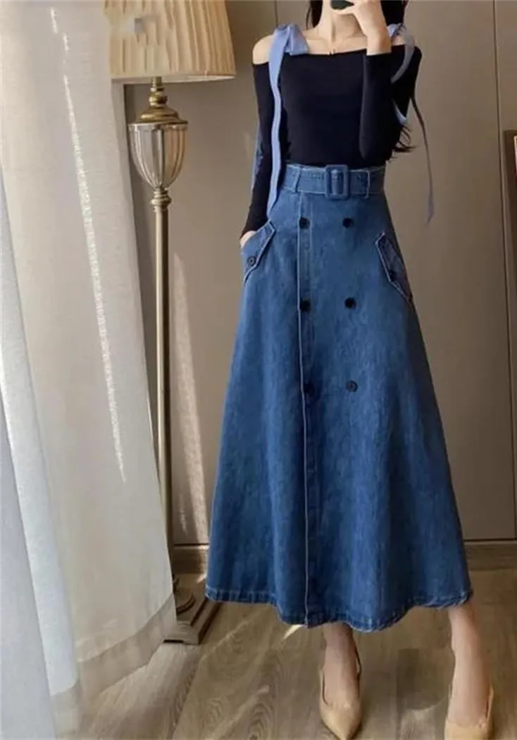 Women Double Button Denim A-Line Skirts Spring Summer Korean Lady Fashion Split Skirt