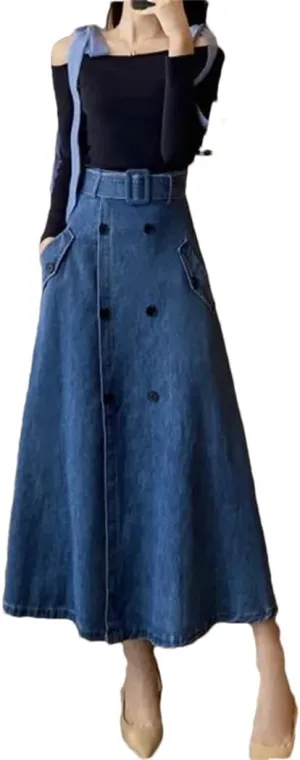 Women Double Button Denim A-Line Skirts Spring Summer Korean Lady Fashion Split Skirt