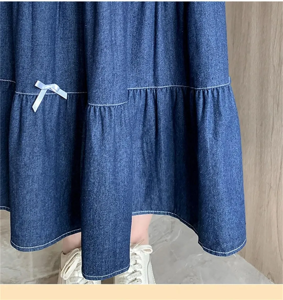 Women Elastic High Waist Bow Big Swing Long Skirt Loose Casual Denim A-Line Skirts