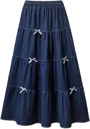 Women Elastic High Waist Bow Big Swing Long Skirt Loose Casual Denim A-Line Skirts