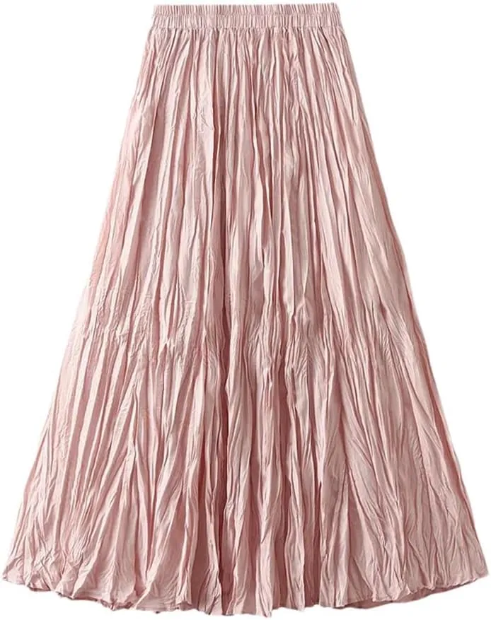 Women Elegant Casual Solid Pleated Long Skirt Spring-Summer Fashion A-Line Skirts