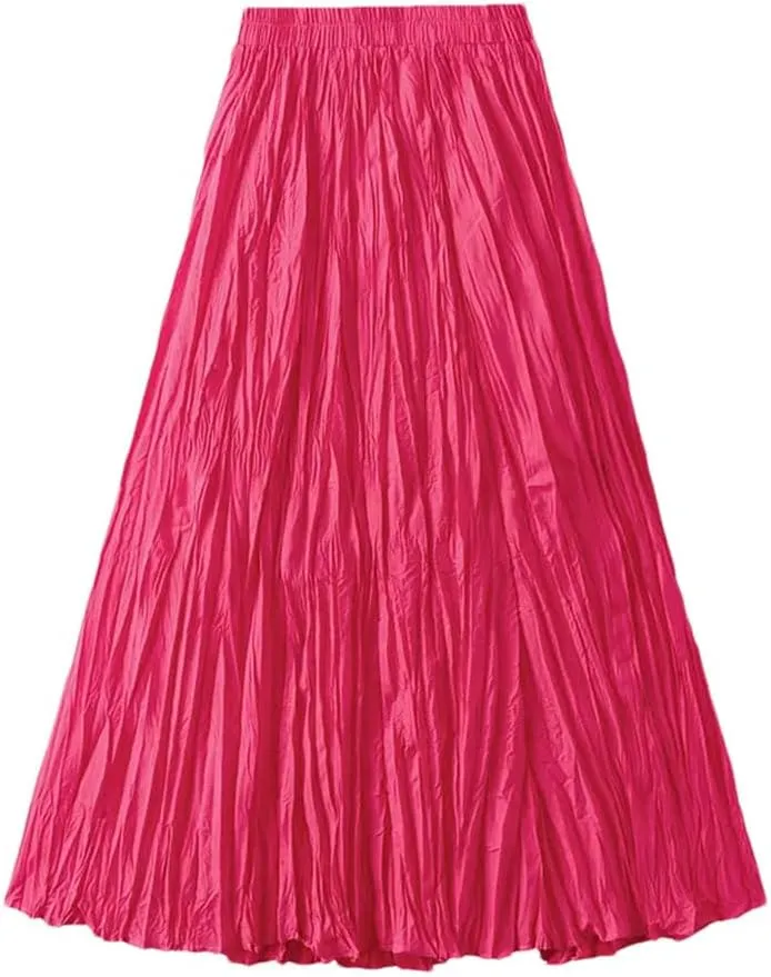 Women Elegant Casual Solid Pleated Long Skirt Spring-Summer Fashion A-Line Skirts