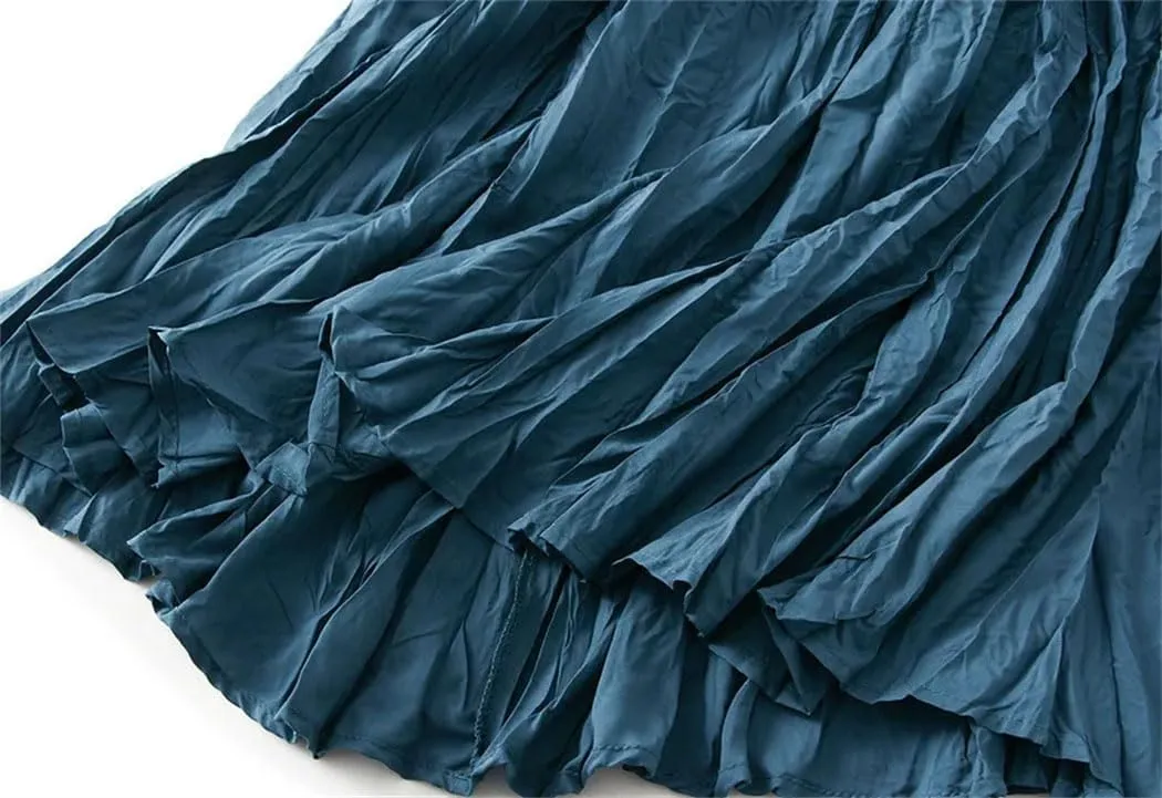 Women Elegant Casual Solid Pleated Long Skirt Spring-Summer Fashion A-Line Skirts