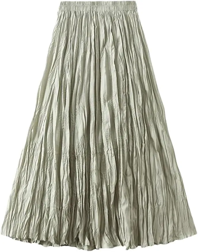 Women Elegant Casual Solid Pleated Long Skirt Spring-Summer Fashion A-Line Skirts