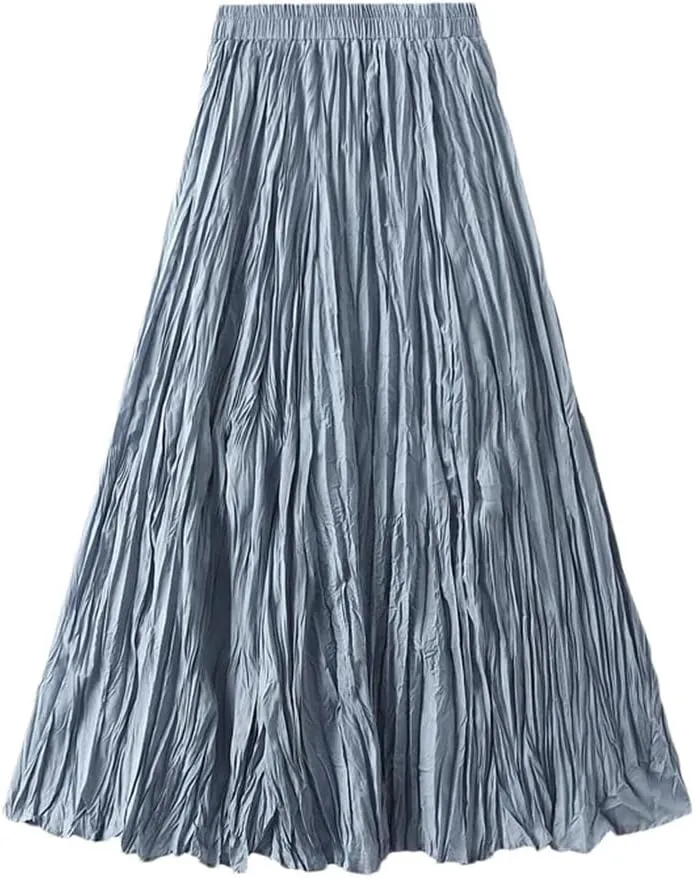 Women Elegant Casual Solid Pleated Long Skirt Spring-Summer Fashion A-Line Skirts