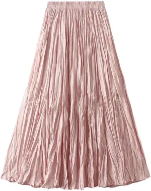Women Elegant Casual Solid Pleated Long Skirt Spring-Summer Fashion A-Line Skirts