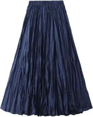 Women Elegant Casual Solid Pleated Long Skirt Spring-Summer Fashion A-Line Skirts