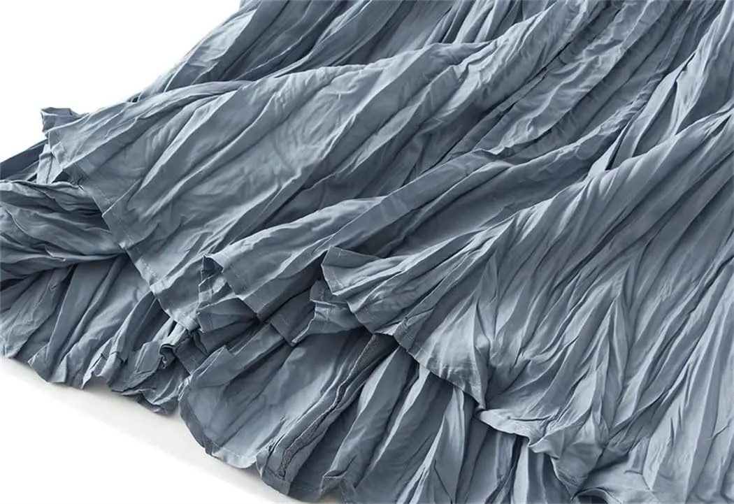 Women Elegant Casual Solid Pleated Long Skirt Spring-Summer Fashion A-Line Skirts