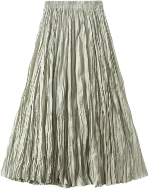 Women Elegant Casual Solid Pleated Long Skirt Spring-Summer Fashion A-Line Skirts